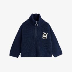 Mini Rodini panda patch chunky knit half zip sweater