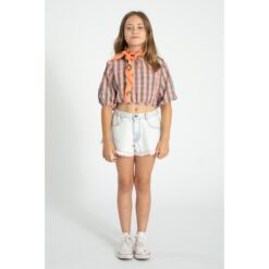 Alternative view of piupiuchick cropped blouse balloon sleeves pink & green checkered